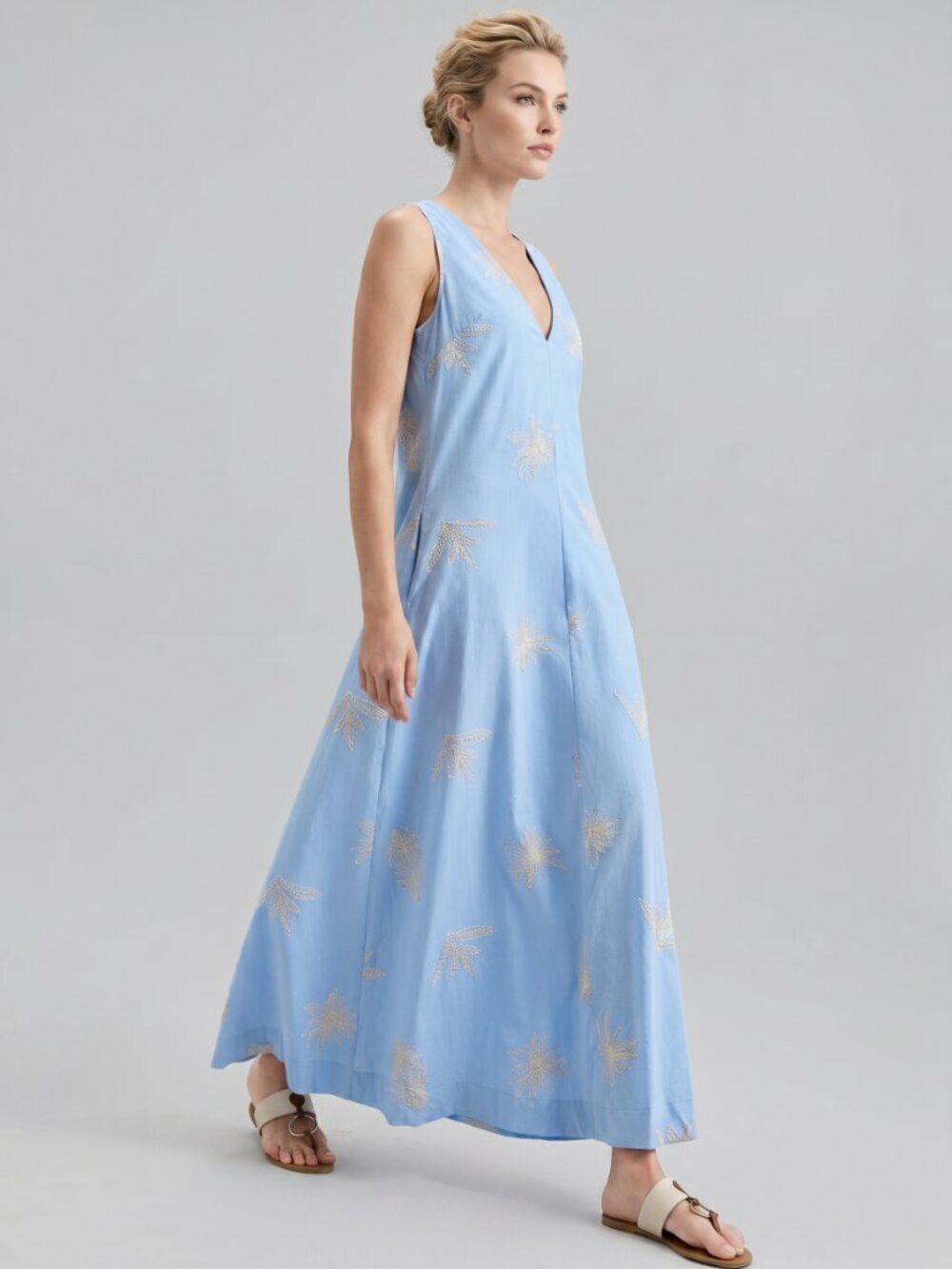 Women Cotton Embroidered V Neck Maxi Dress Sleeveless Floral Jacquard